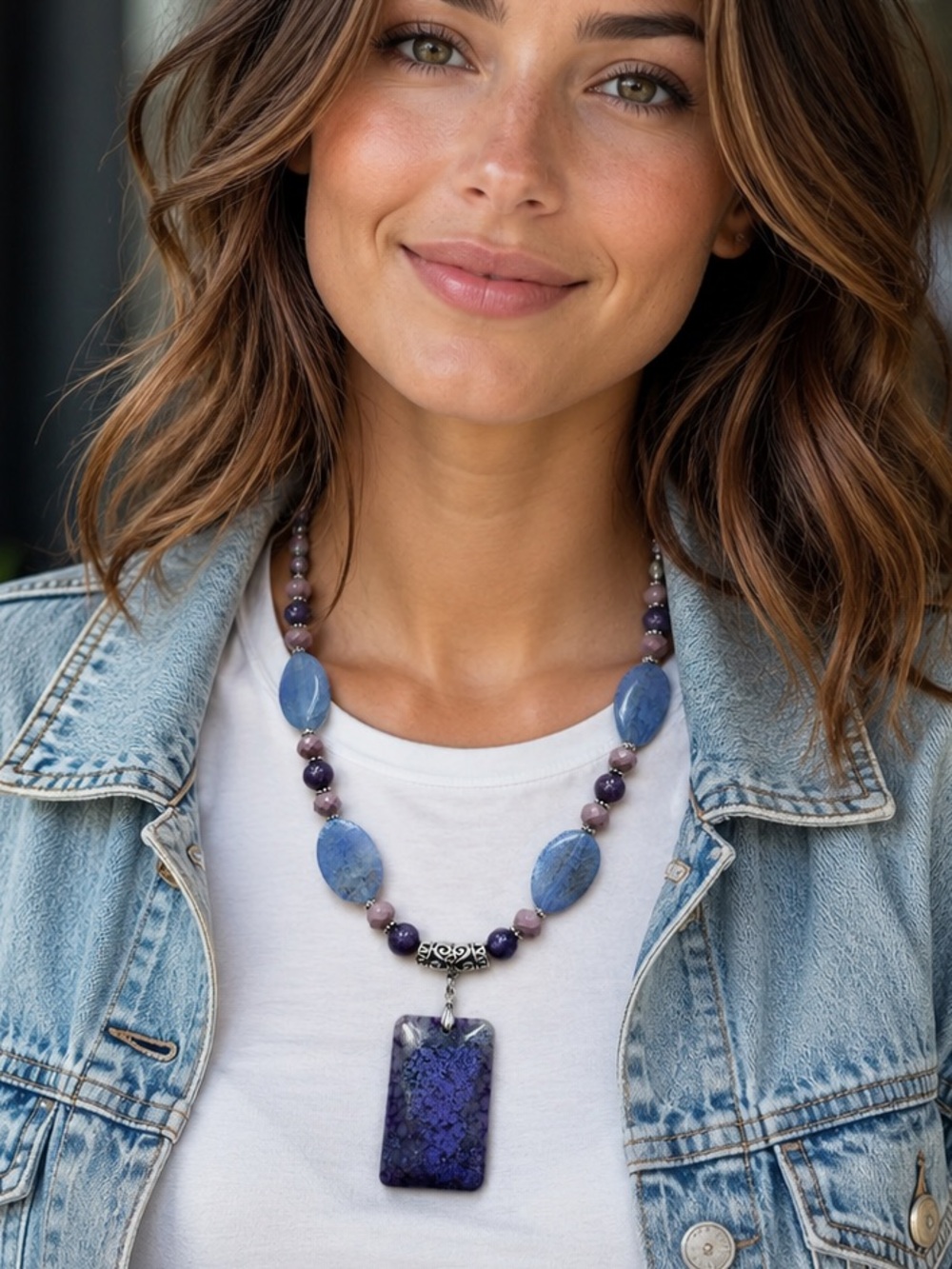 🆕😍🍁Handcrafted Blue Agate & Lapidolite Semi Precious Pendant Necklace